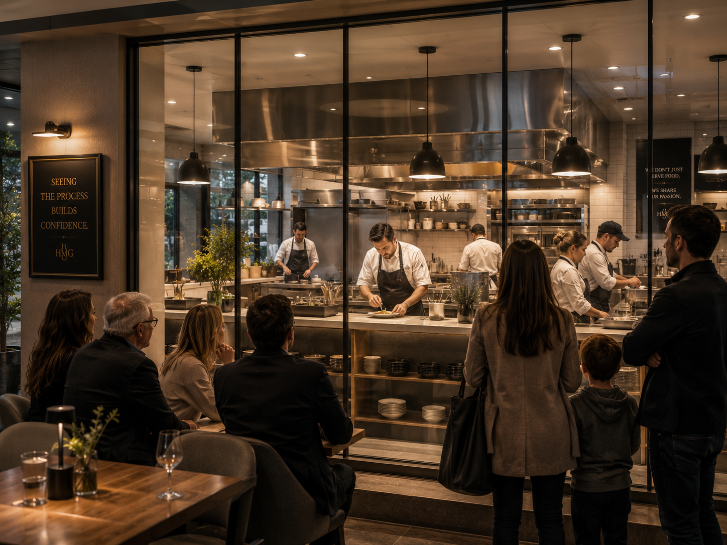 Guests watch chefs prepare dishes in an open-concept restaurant kitchen behind glass, creating an interactive fine dining experience.