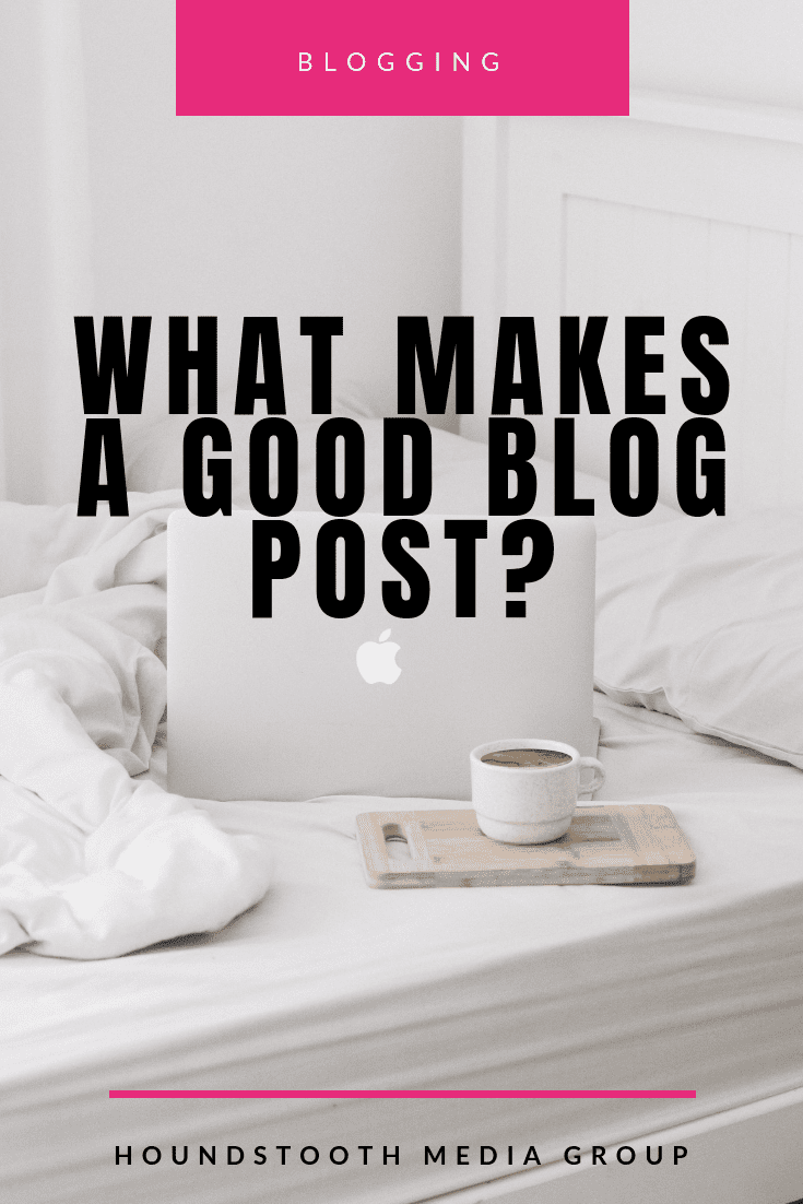 Apple laptop and coffee sitting on a bed. Text reads "what makes a good blog post?"