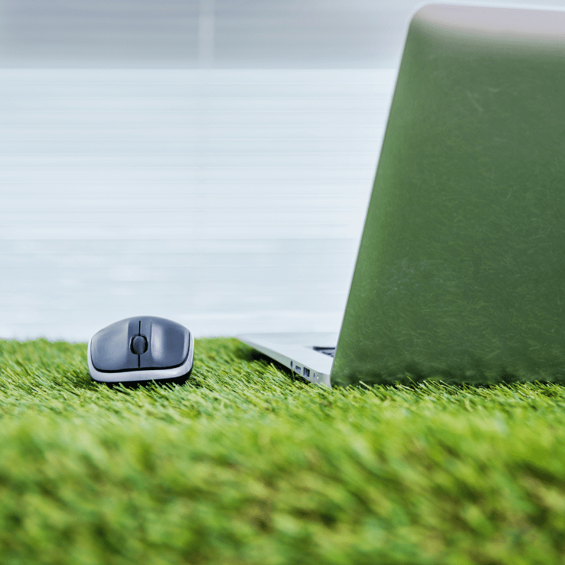 laptop and mouse set atop of grass