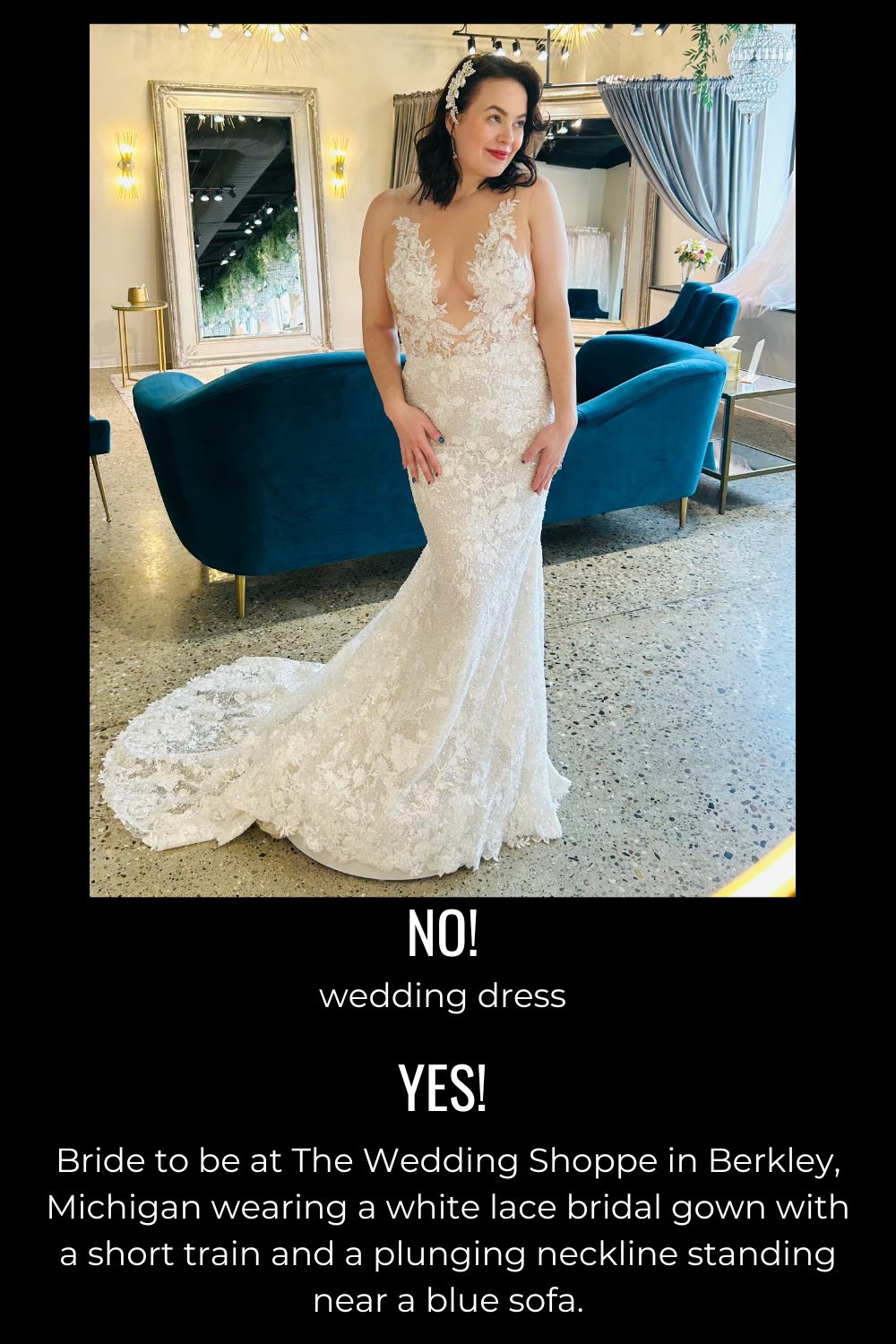 Bride to be wearing a white lace bridal gown with a short train and a plunging neckline standing near a blue sofa. Caption shows examples of good and bad alt text.