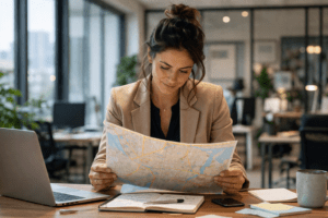 A woman looking at a map, which represents an AI strategy for her business.