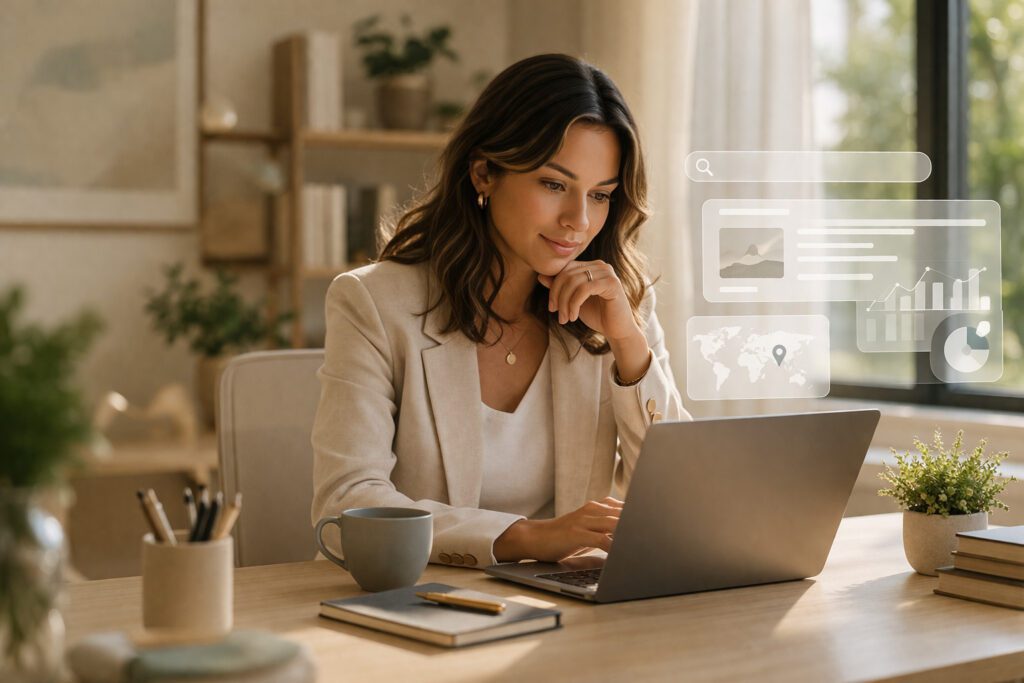 Woman working on a laptop in a modern workspace with digital interface overlays.