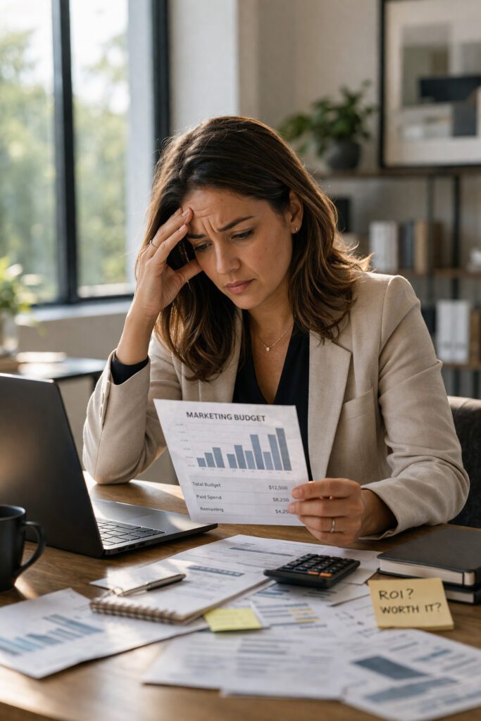 Stressed businesswoman reviewing financial documents at desk with laptop and papers.