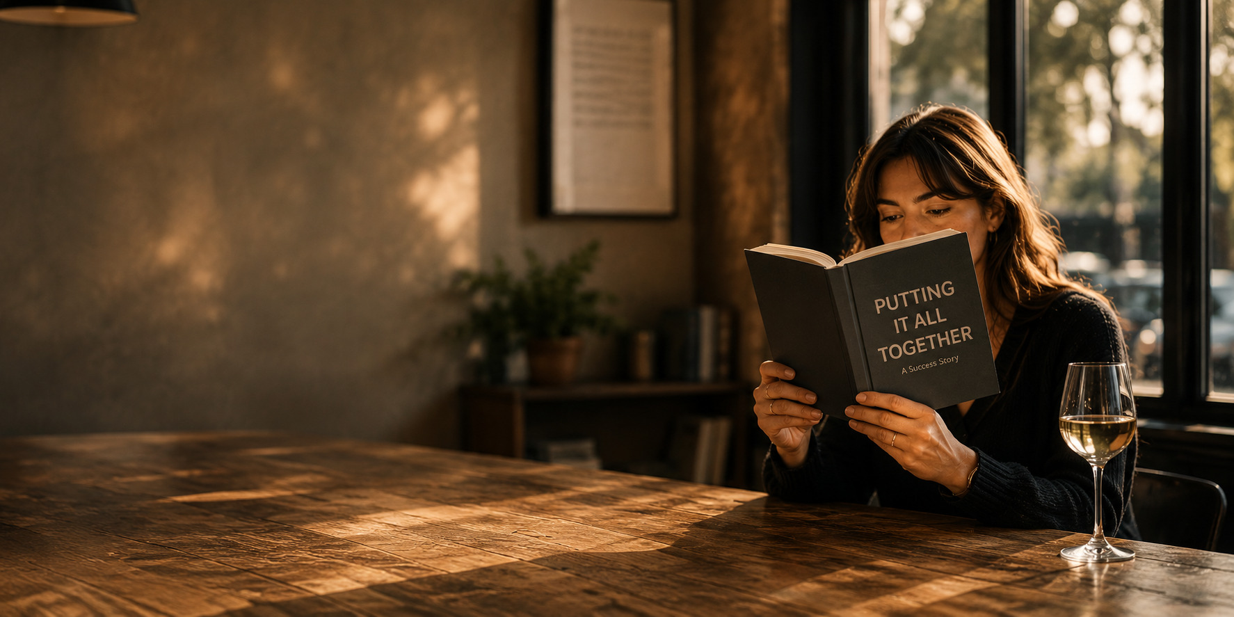 Woman sitting in a modern cafe and reading a book with a glass of wine