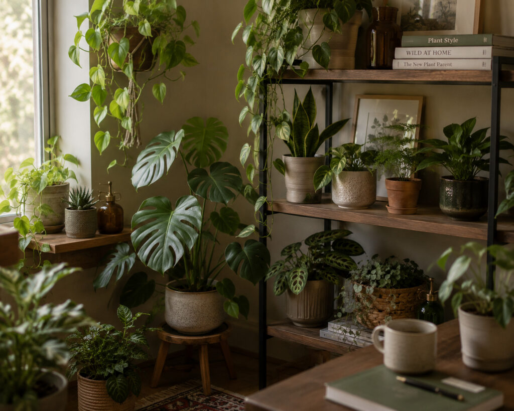 Collection of thriving indoor plants arranged on shelves and a desk in a bright office space.