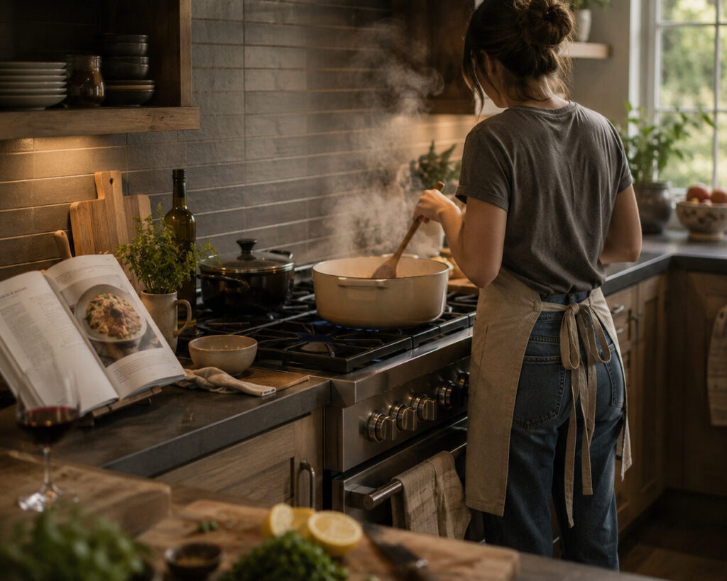 Person preparing a meal in a modern kitchen with natural light streaming through the windows.