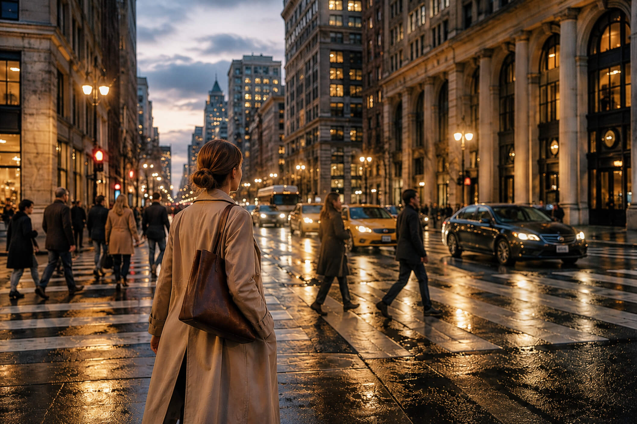 Person walking across a busy downtown street at dusk, with illuminated buildings, vehicle headlights, and reflections on rain-soaked pavement.