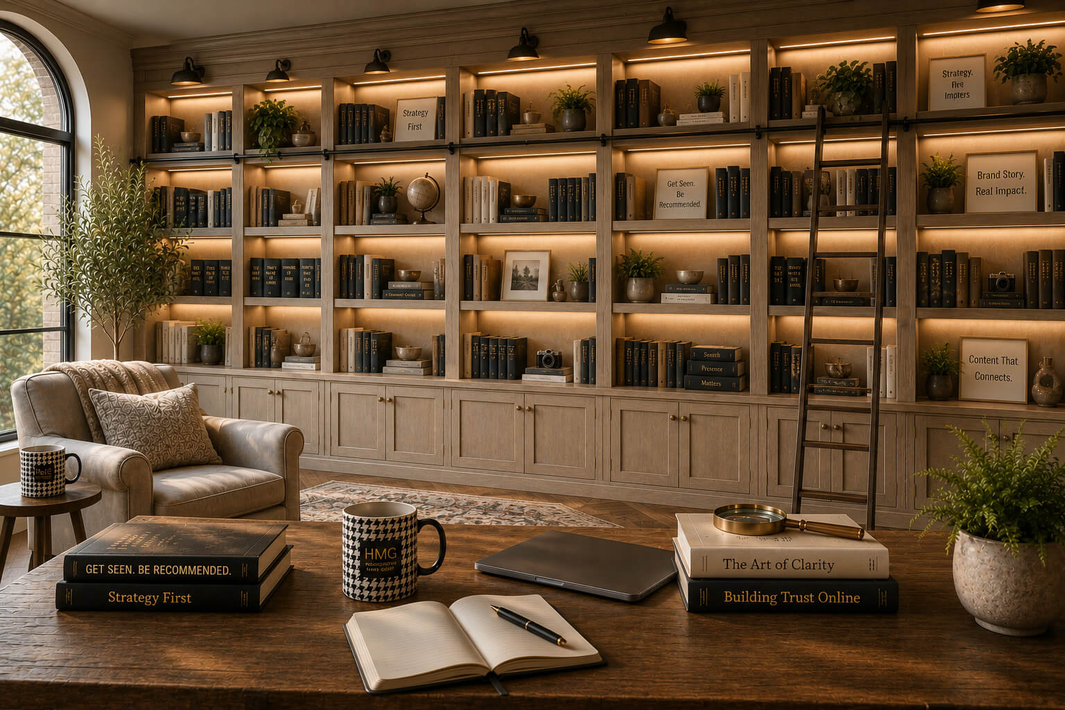 Built-in bookshelves filled with books and decorative accents in a warm, inviting living room featuring comfortable seating and a library ladder.