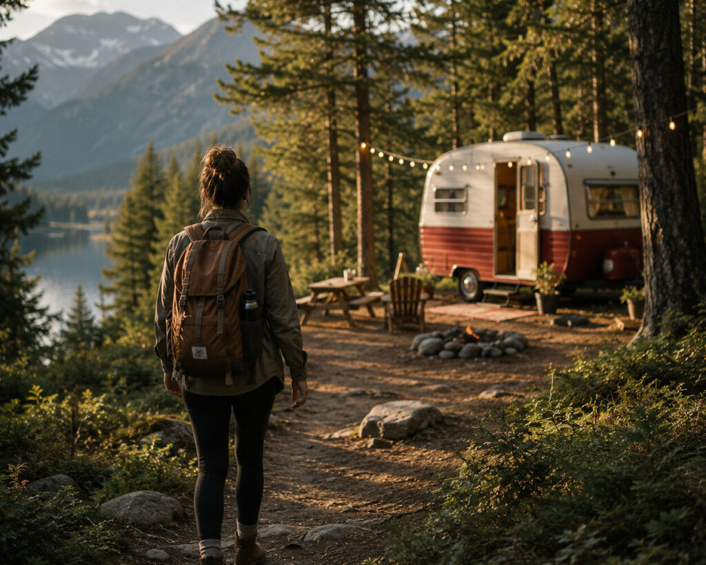 Person with a backpack walking along a forest trail toward a vintage camper near a mountain lake.