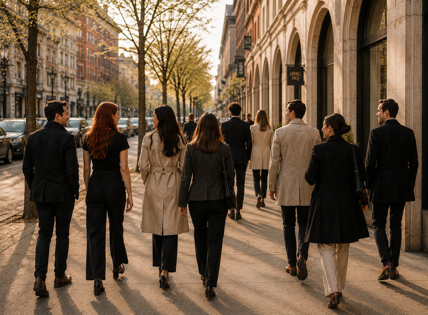 Group of professionals walking together along a city street lined with historic buildings.