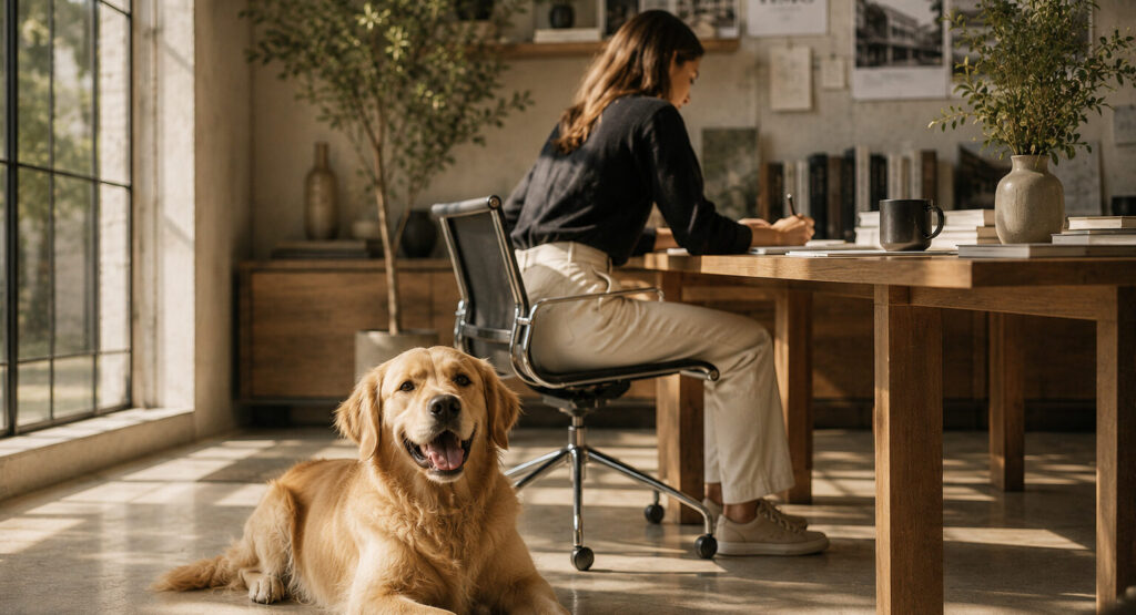 Professional working at a desk in a home office with a dog resting nearby.
