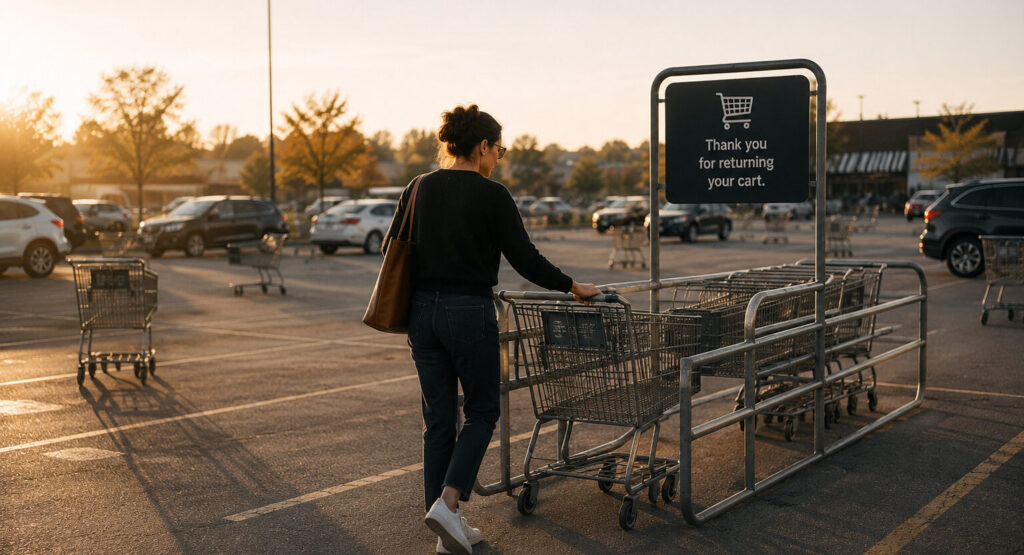 Person pushing a shopping cart through a parking lot at sunset.