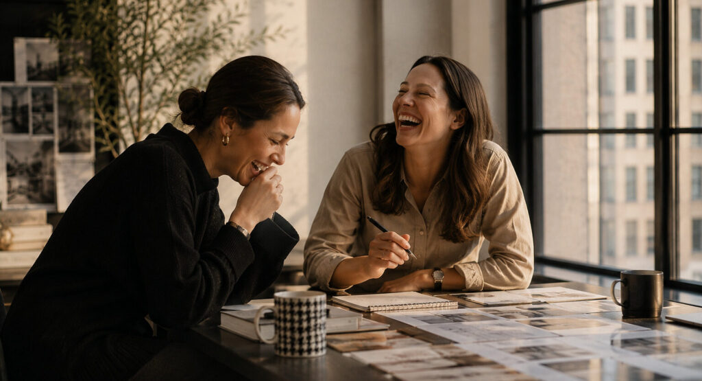 Two professionals meeting at a table and discussing business plans and marketing strategies.