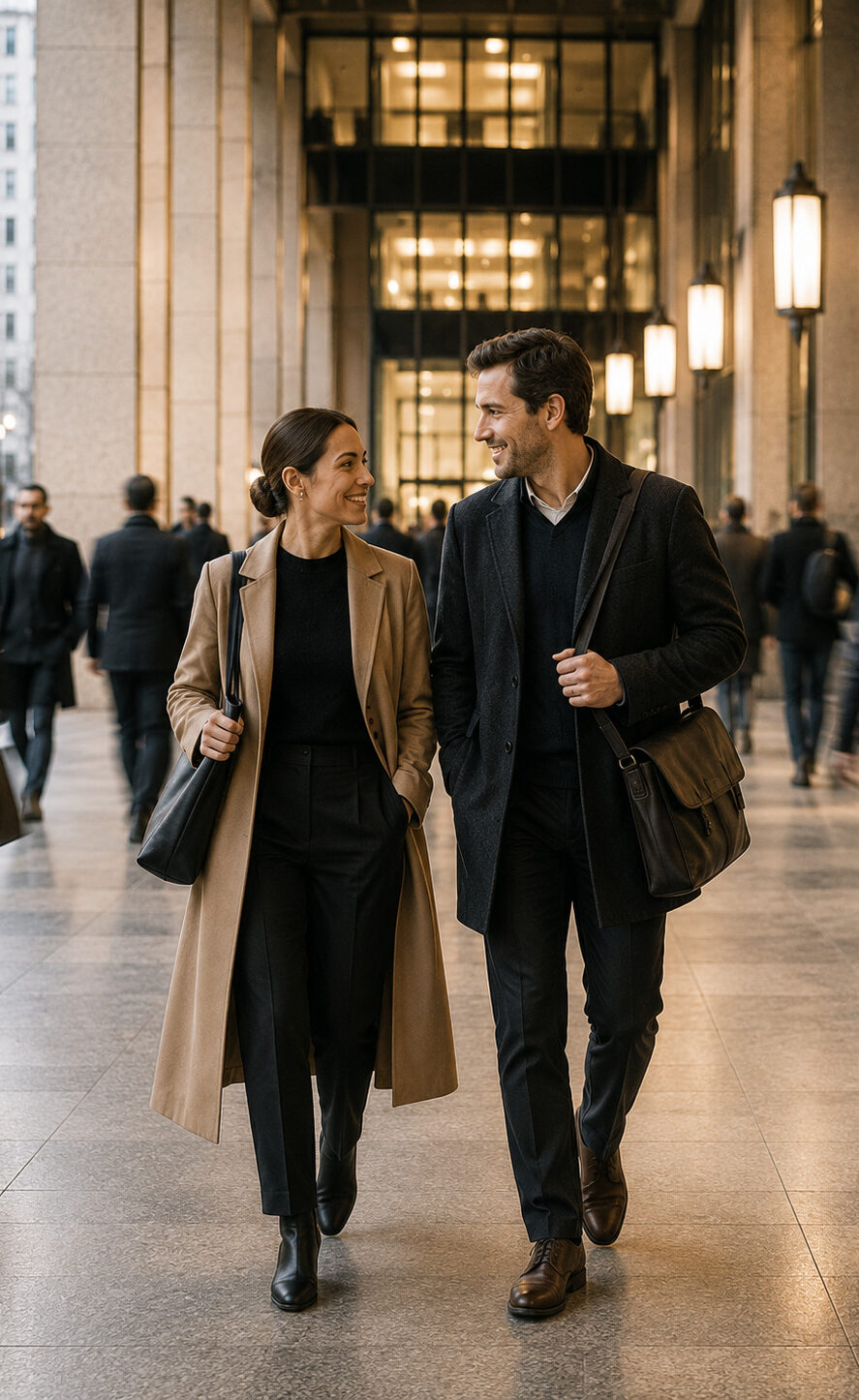 Man and woman walking in busy city