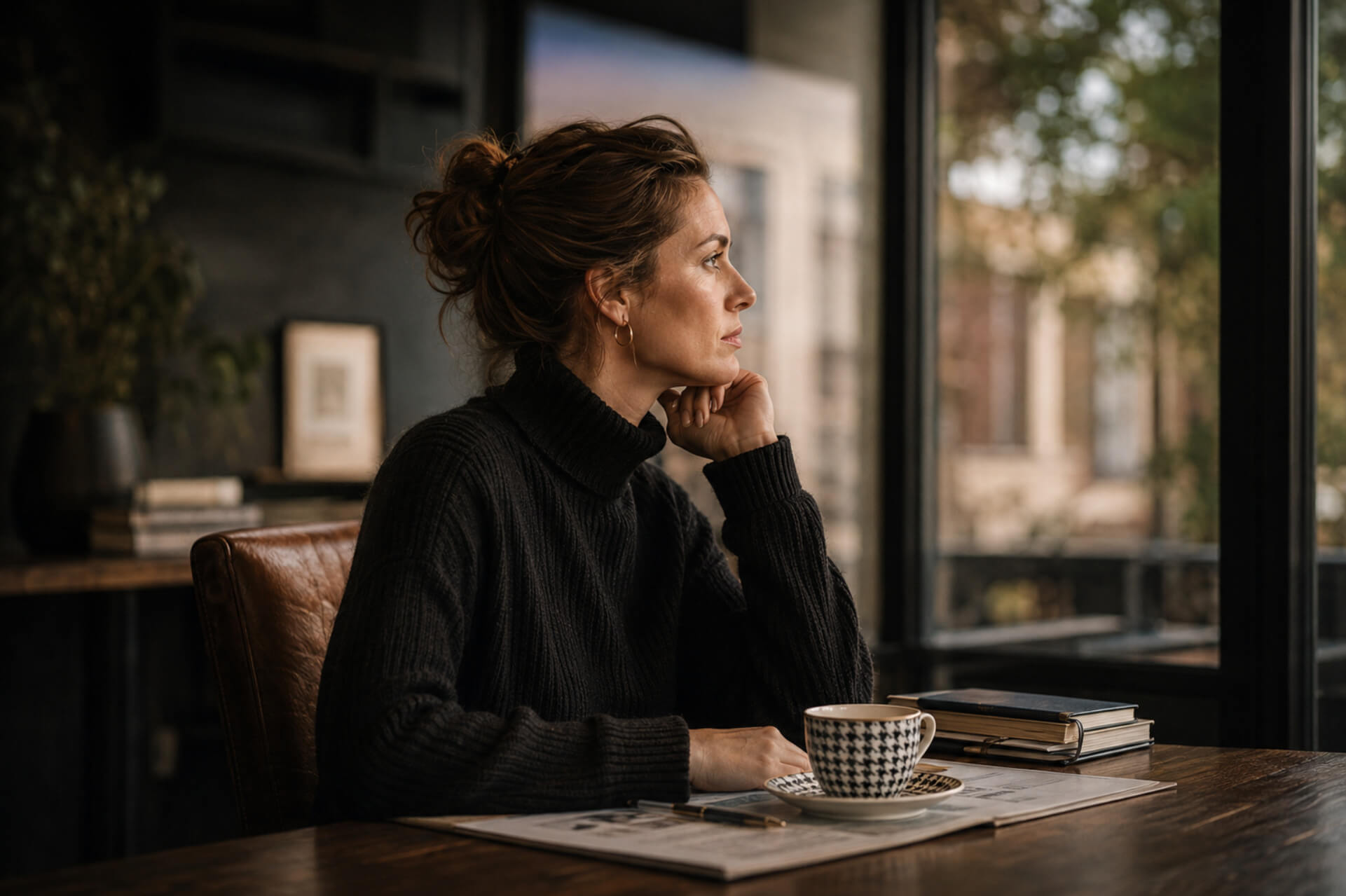 Woman seated at a café table beside a large window, holding a warm beverage and looking thoughtfully toward the street outside.