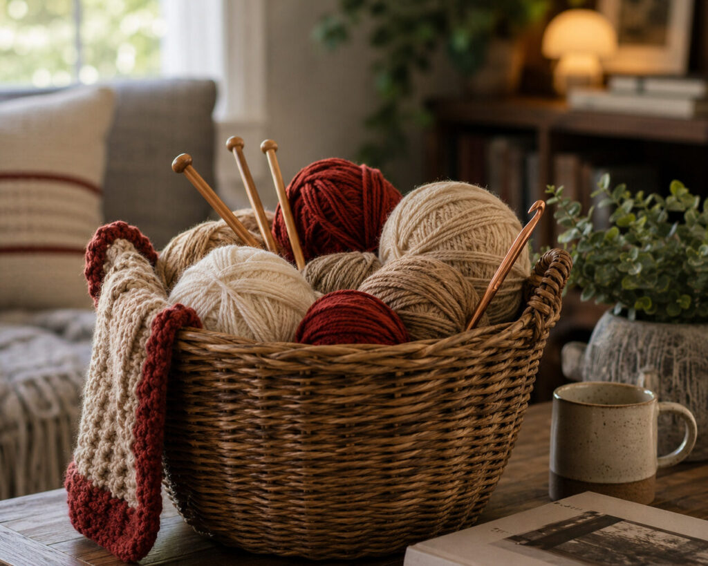 Basket filled with yarn, knitting supplies, and handmade textiles in a cozy living space.
