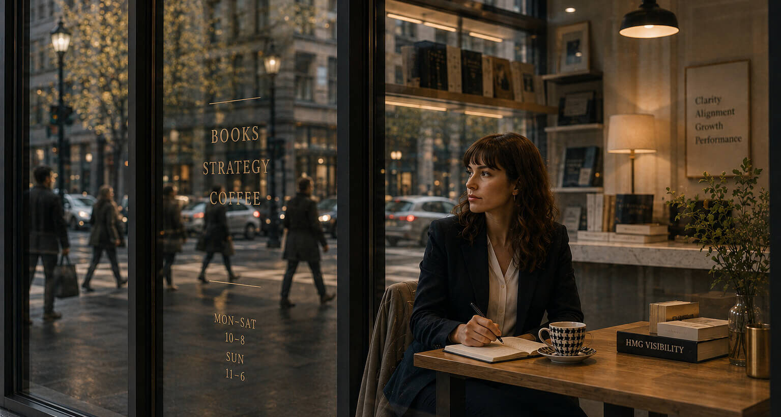 Woman sitting in a modern café near floor-to-ceiling windows, overlooking a bustling urban streetscape while enjoying a coffee.