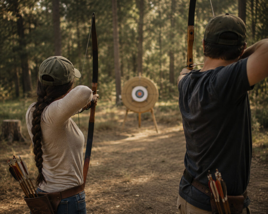 Two people practicing archery outdoors while aiming at a target.