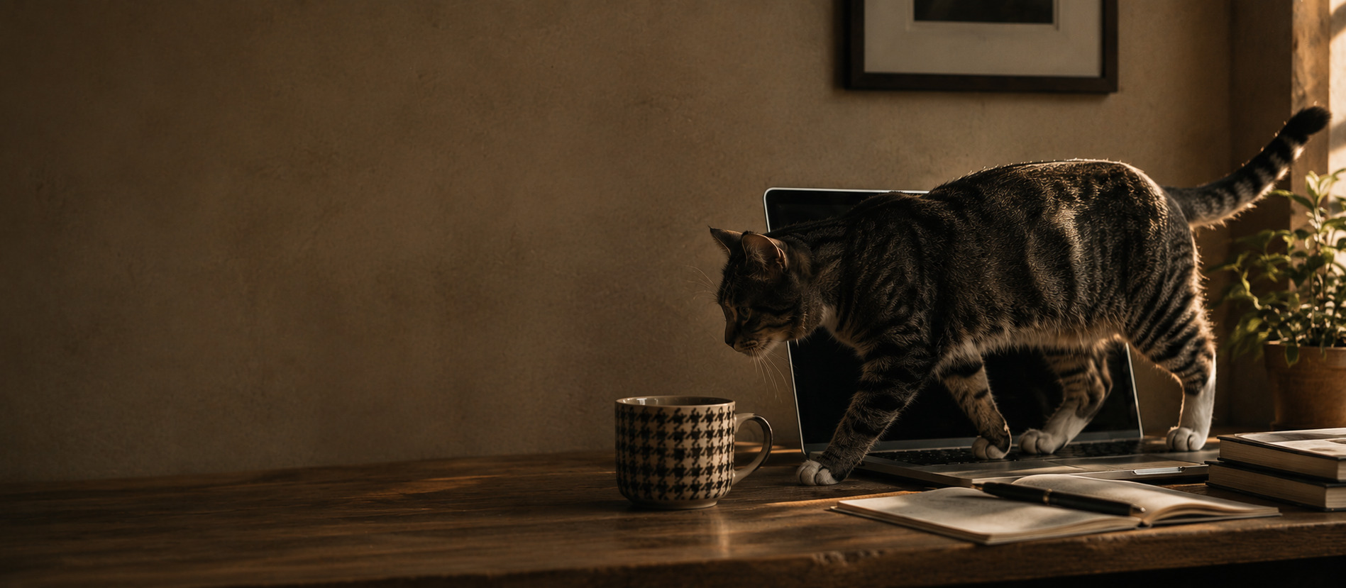 Tabby cat walking across a laptop beside a coffee mug in a warmly lit home office.