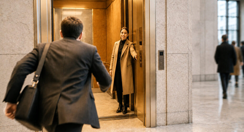 A business professional running toward an elevator in a modern office building lobby.