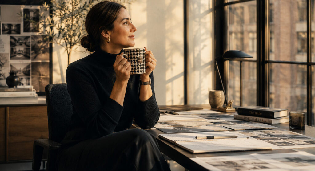 Marketing consultant analyzing business plans and strategy documents in a modern workspace.