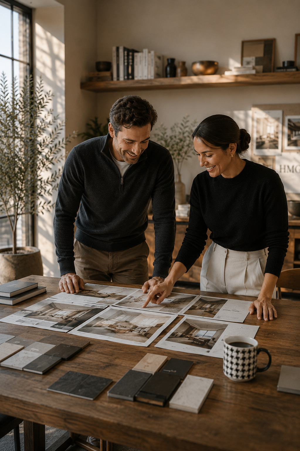 Man and woman looking over design options