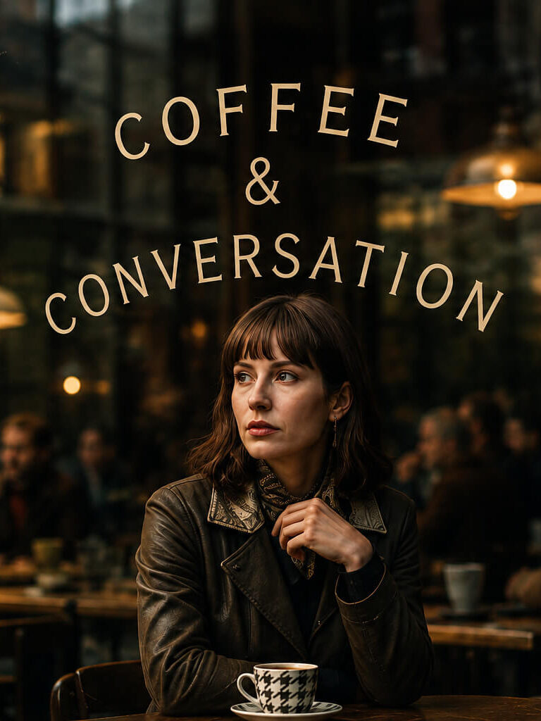 Woman seated inside a coffee shop near a window displaying the words “Coffee & Conversation,” with warm lighting and a cozy atmosphere.