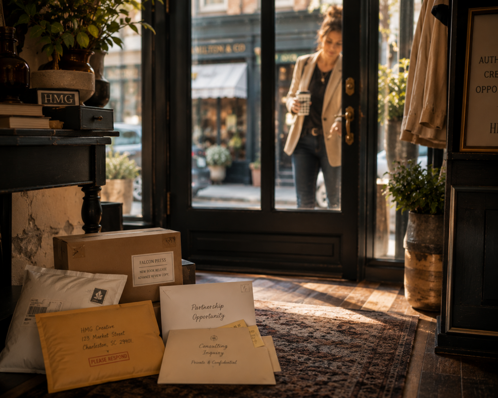 Packages, letters, and business mail waiting inside an office entryway as a professional arrives at the front door carrying a coffee, illustrating efficient mail and package management.