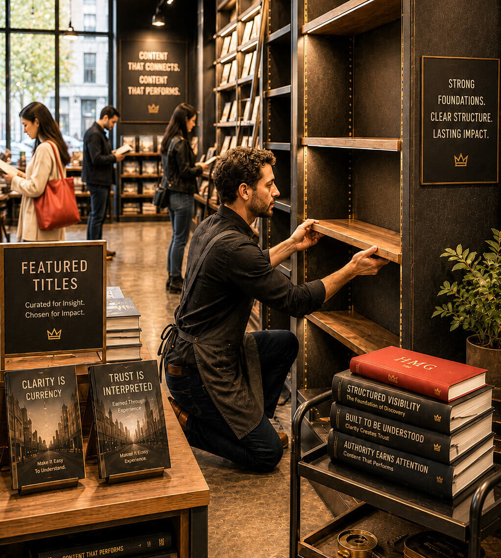 Person browsing bookshelves in a modern bookstore with featured titles displayed on nearby tables.
