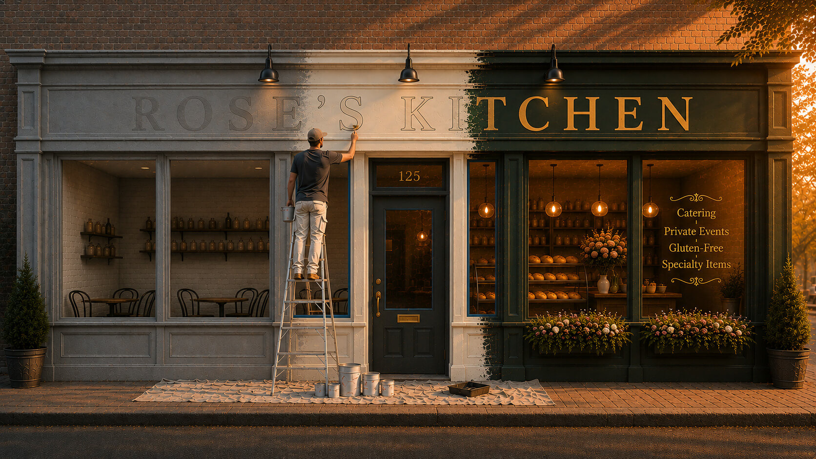Business owner repainting a storefront façade, symbolizing the process of improving AI brand visibility through strategic updates.