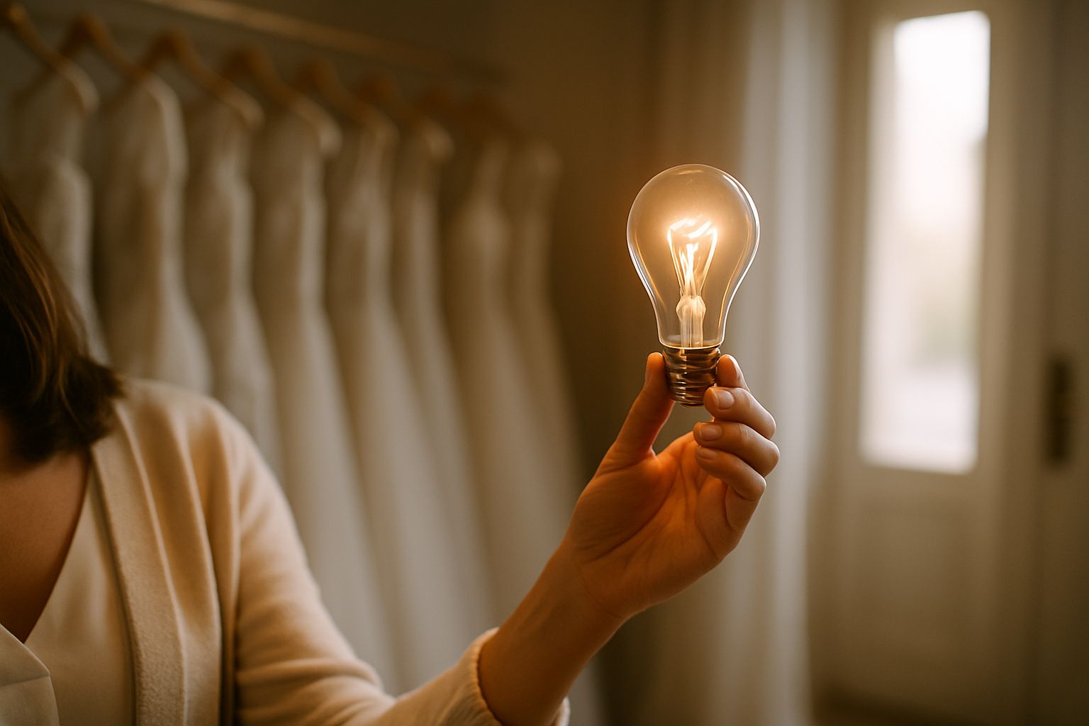 Hand holding a glowing light bulb symbolizing a creative idea in a bridal store
