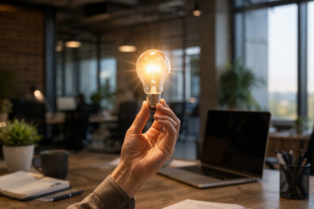 Hand holding a glowing light bulb symbolizing a creative idea in an office.
