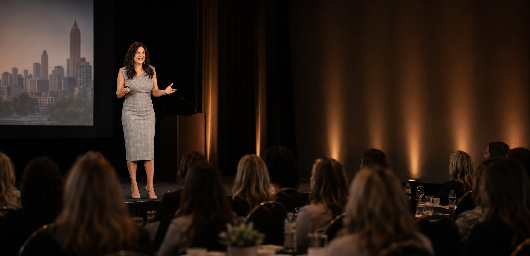 Viv presenting on stage to an audience during a professional speaking engagement.