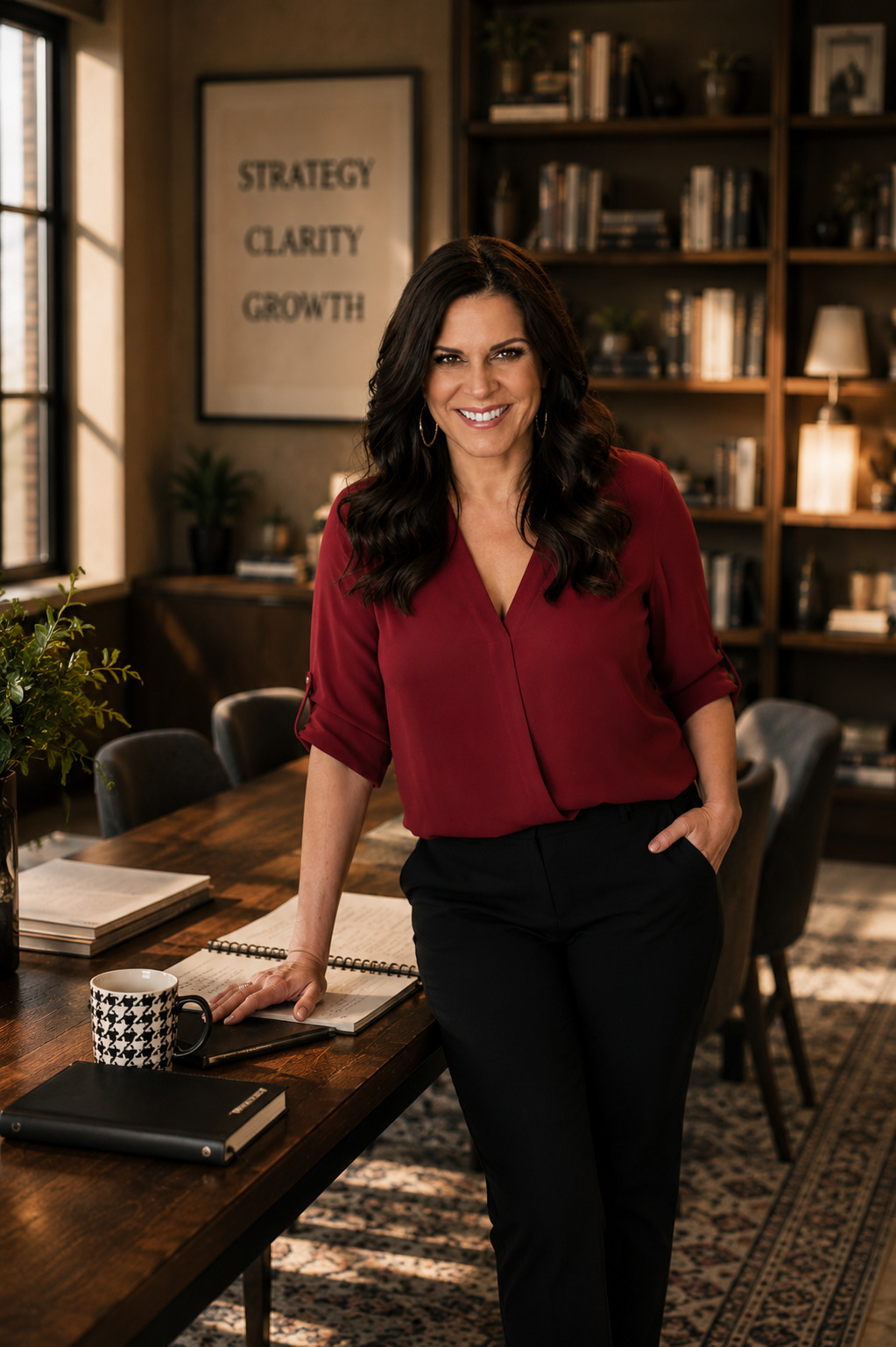 Viv standing beside a desk in a modern office, smiling at the camera in a professional setting.