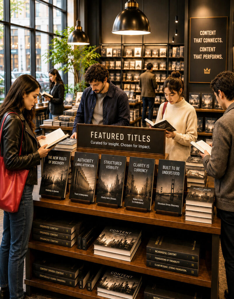 Customers exploring featured books and displays inside a contemporary bookstore.