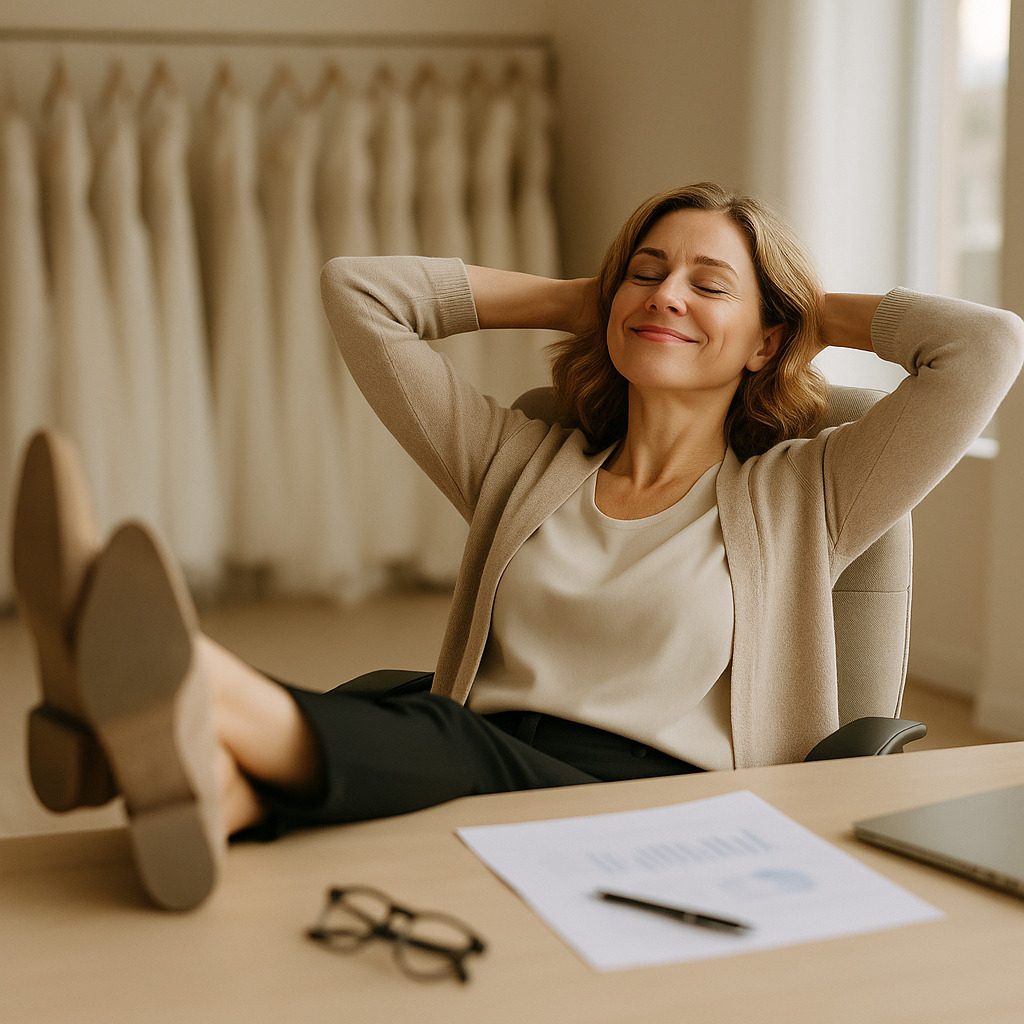 Businesswoman relaxing with feet on desk in a modern office.