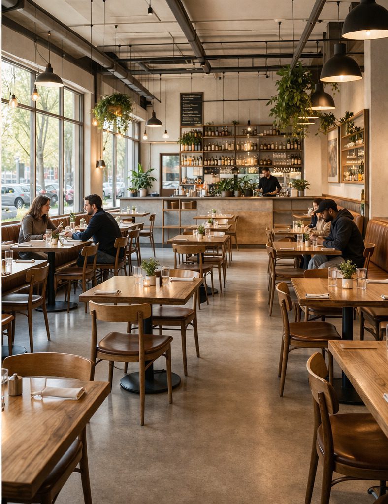 Cozy modern cafe interior with wooden tables and natural lighting.