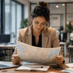 A woman looking at a map, which represents an AI strategy for her business.
