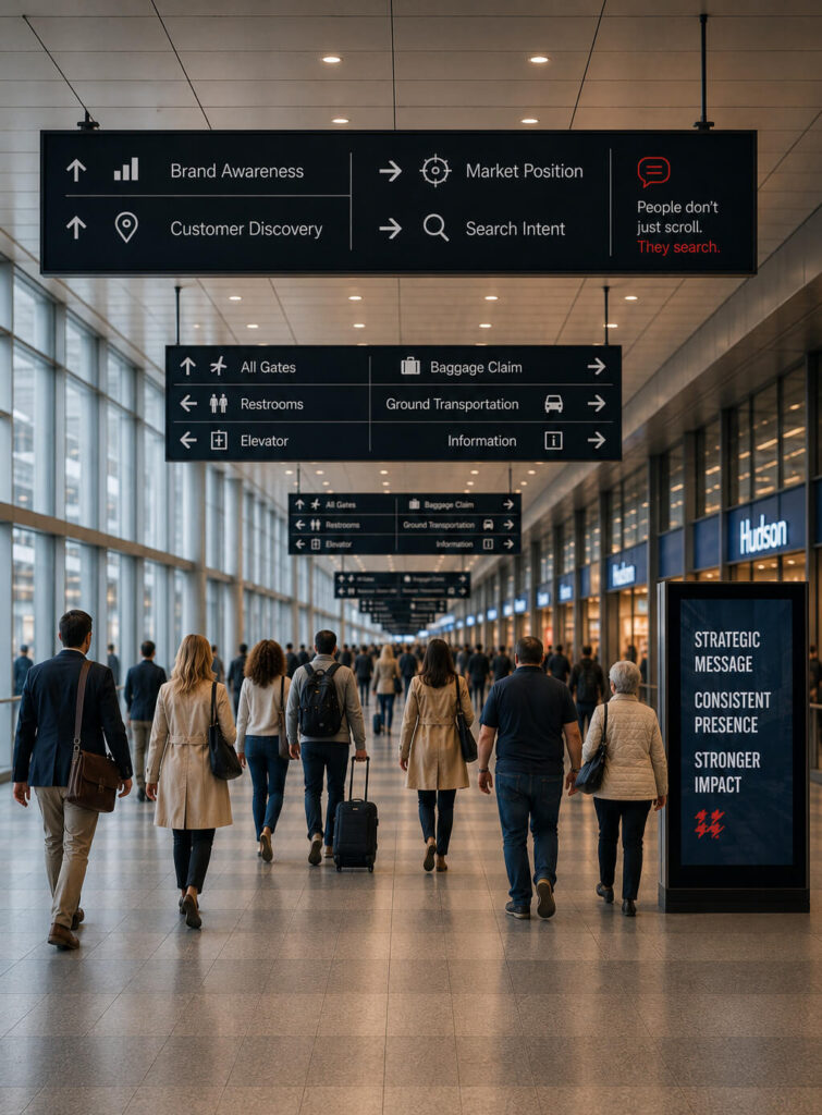 Passengers walking through a bright airport concourse with overhead flight information and wayfinding signs.