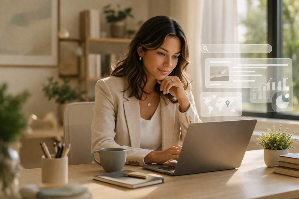 Woman working on a laptop in a modern workspace with digital interface overlays.