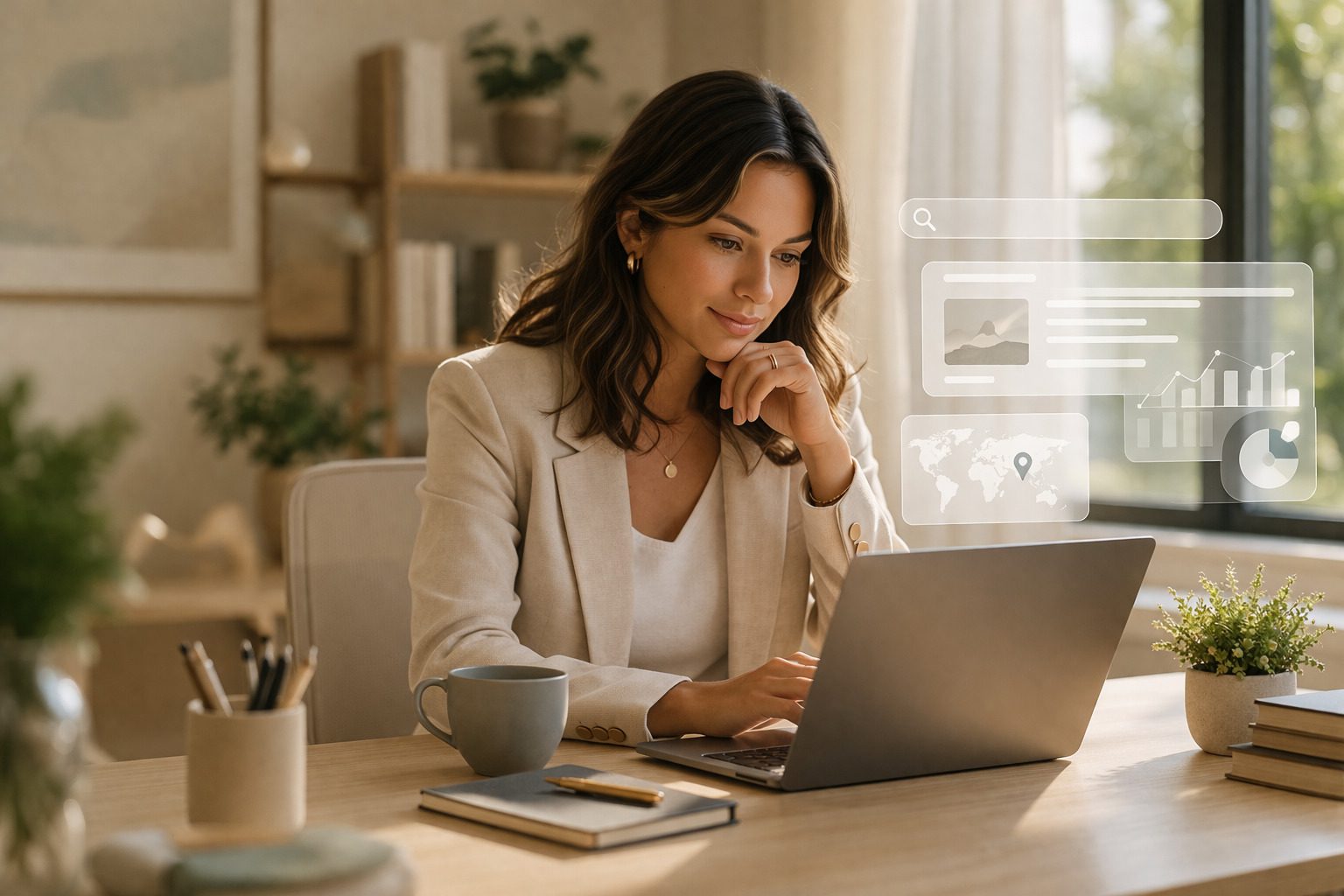 Woman working on a laptop in a modern workspace with digital interface overlays.