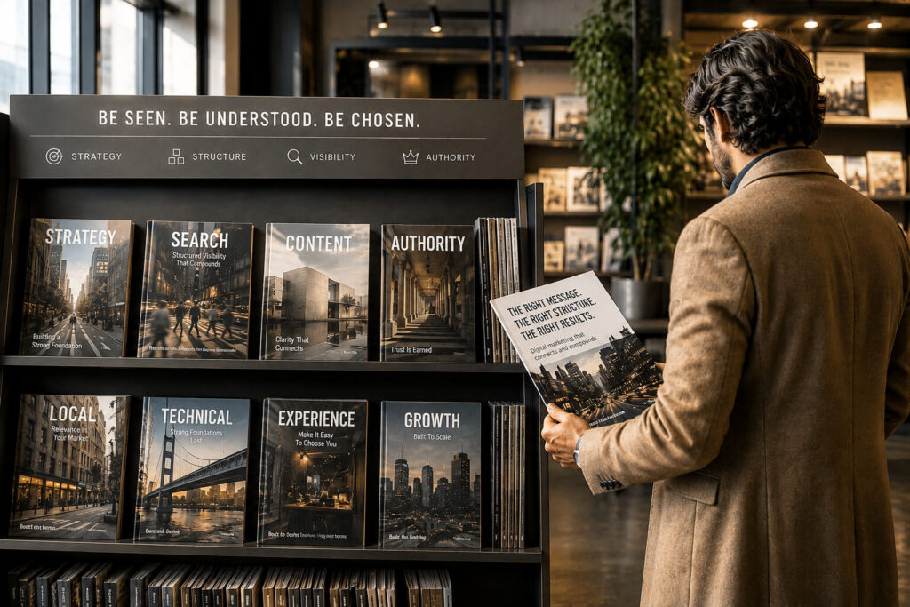 Person reading a book while standing in front of a well-organized bookstore display.