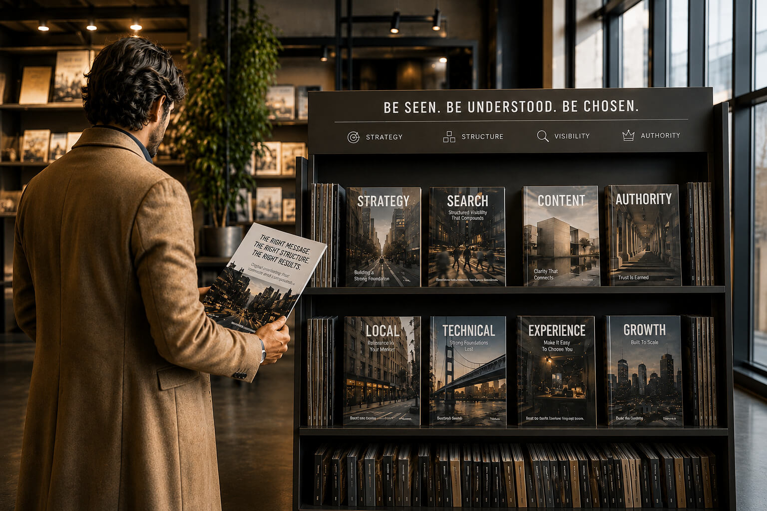 Person reading a book while standing in front of a well-organized bookstore display.