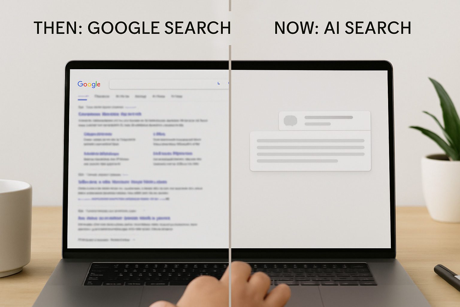 Comparison of Google search and AI search displayed on a laptop screen.