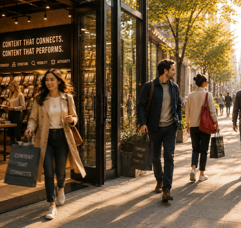 Woman carrying shopping bags while walking past a modern storefront as pedestrians stroll along a tree-lined city street.