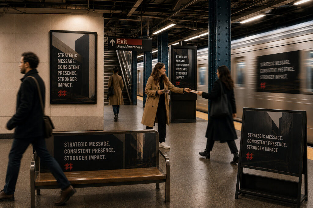 People walking through a modern transit station with large digital advertising displays and wayfinding signs.