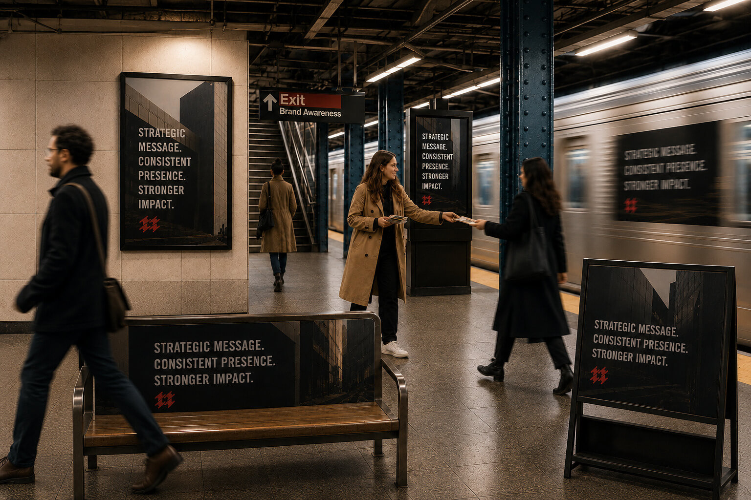 People walking through a modern transit station with large digital advertising displays and wayfinding signs.