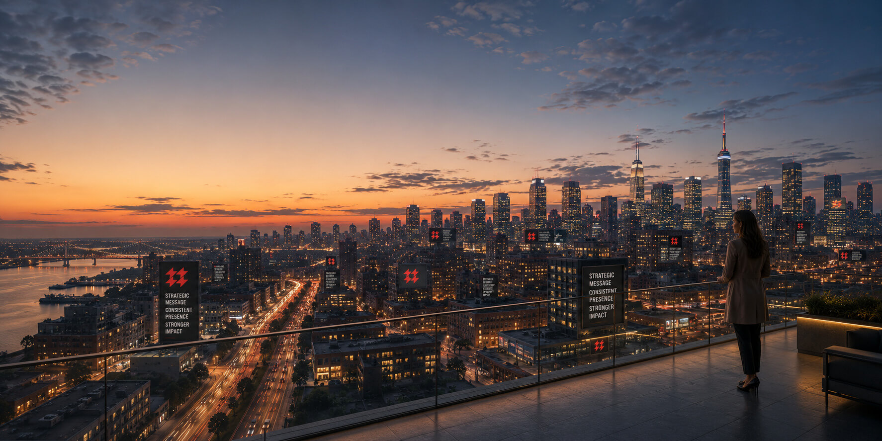 Sunset view of a modern city skyline seen from a high-rise balcony overlooking a busy boulevard.