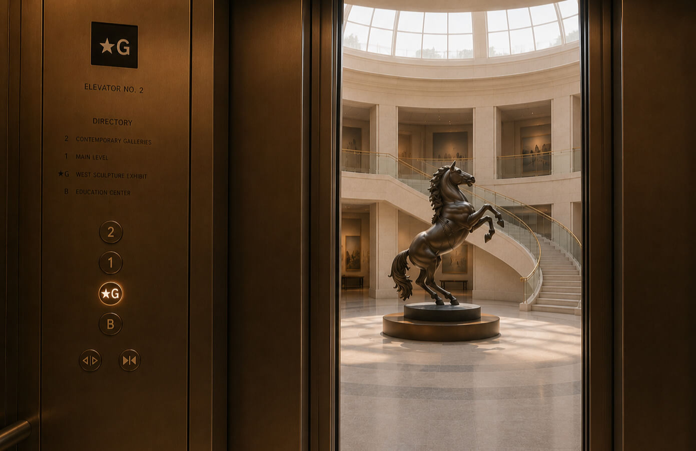 View through an open elevator toward a museum atrium featuring a large sculpture in the center.