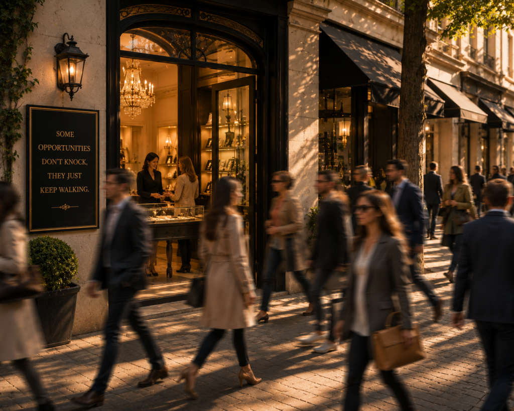 People walk past a busy storefront while two customers receive attentive service inside, illustrating how HMG helps businesses capture opportunities with a well-designed website instead of losing potential customers to poor user experience.